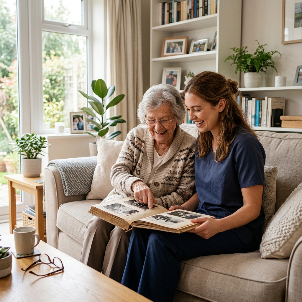 Caregiver providing compassionate companionship to a senior at home