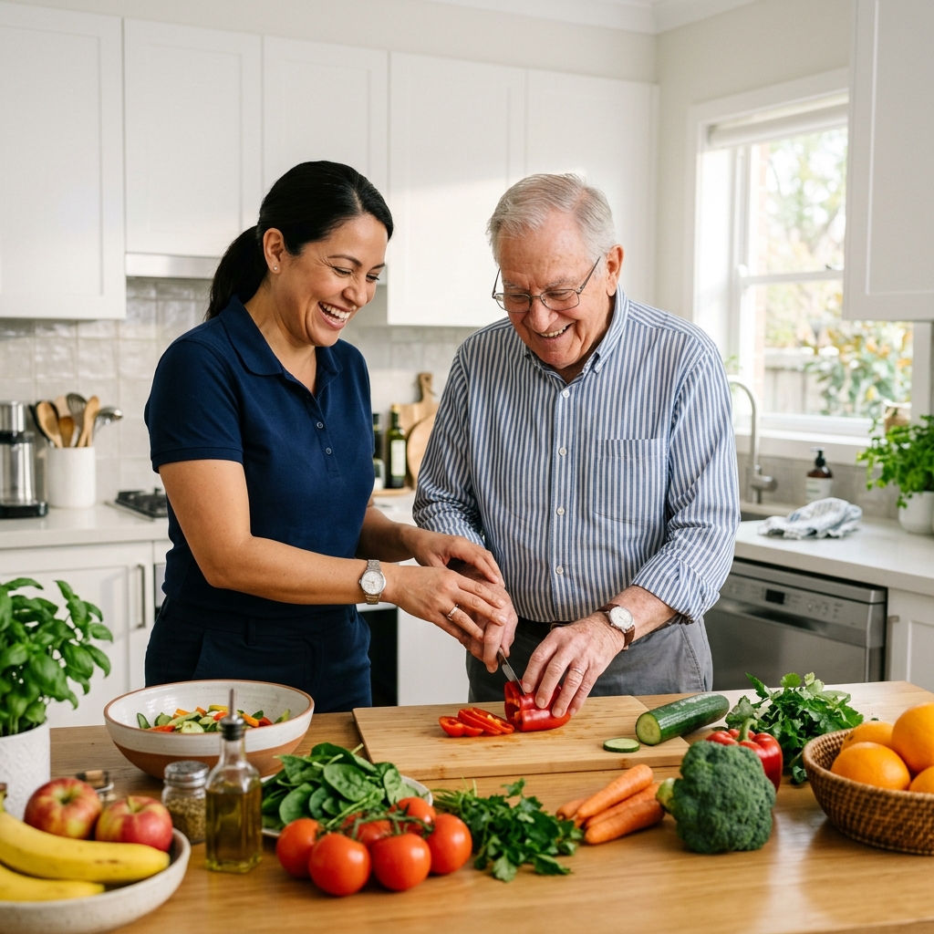 Caregiver assisting with meal preparation in a bright kitchen